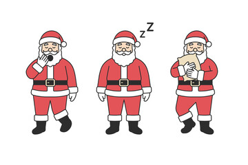 Santa Claus character set yawning, sleeping with Z symbol and hugging pillow, traditional red costume with beard, festive Christmas mascot for holiday season design. Flat vector illustration