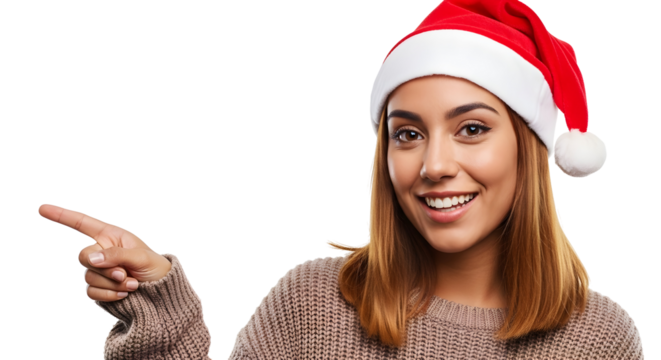 A cheerful woman wearing a Santa hat and pointing to the left, perfect for holiday promotions and winter greetings