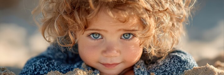 Curly-haired child enjoying a sunny day at the beach with sand on their face and a playful expression