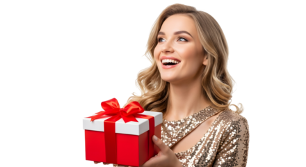 Happy woman with red gift box with golden ribbon looking up with joy, surprise and excitement for celebration, birthday or Christmas
