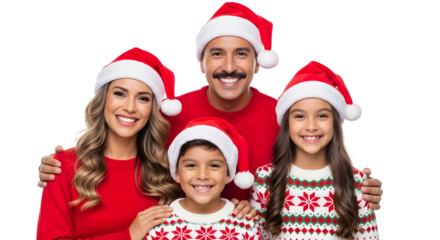 Joyful Family in Matching Christmas Sweaters and Santa Hats Celebrating the Holidays Together