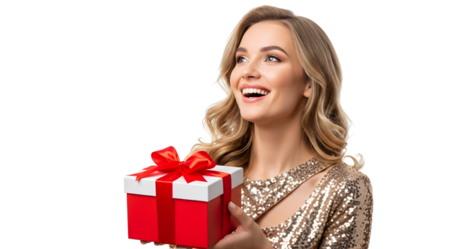 Happy woman with red gift box with golden ribbon looking up with joy, surprise and excitement for celebration, birthday or Christmas