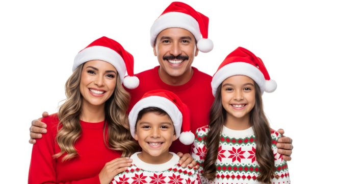 Joyful Family in Matching Christmas Sweaters and Santa Hats Celebrating the Holidays Together - Powered by Adobe