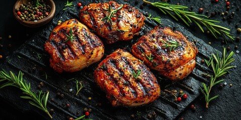 Grilled chicken thighs with herbs served on a black stone grill