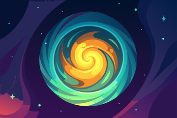 Abstract blue spiral swirl with glowing light and colorful rainbow circles on a dark background