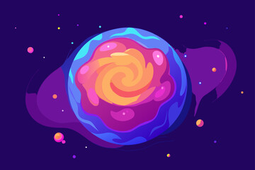 Abstract colorful background with vibrant bubbles and a spiral galaxy design, illuminating the night sky with stars