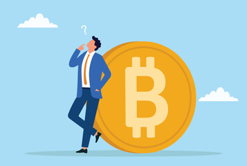 Vector illustration of a businessman standing near bitcoin, deep in thought, symbolizing contemplation and strategic decision making in cryptocurrency investments
