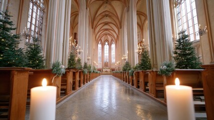 Fototapeta premium A Serene Holiday Scene in a Grand Church Filled with Pine Trees and Flickering Candles, Creating a Warm and Inviting Atmosphere for Celebration