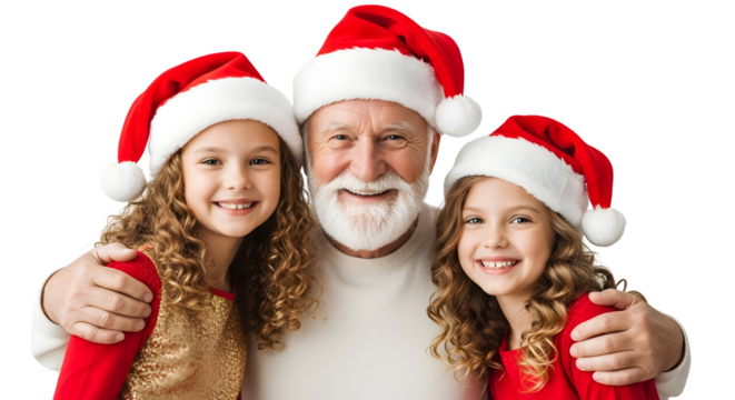 Happy Santa Claus with two smiling girls wearing Santa hats, celebrating Christmas together