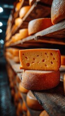 Cheese aging process showcased in a rustic storage room filled with wheels of cheese