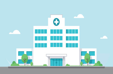 Modern Hospital Building Flat Design Vector Illustration Against Light Blue Sky