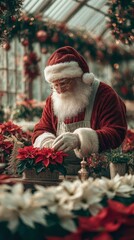 Santa prepares holiday plants in a festive greenhouse adorned with Christmas decorations during the winter season