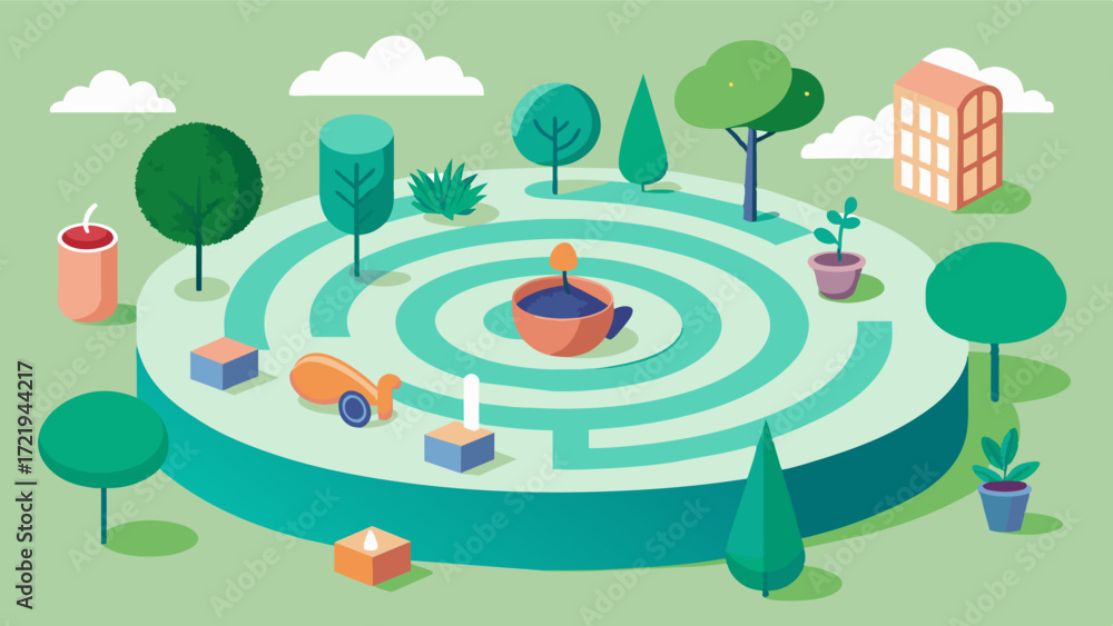 Poster a labyrinth garden with changing scents and textures as one navigates through the paths providing me