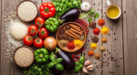 A detailed shot of grains, vegetables, and spices on a rustic table, showcasing the vibrant variety of world cuisines. Perfect for food blogs, menus, or culinary ads.