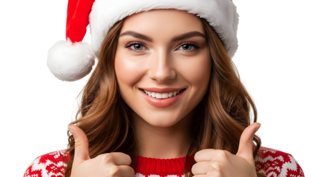 Happy Young Woman in Santa Hat Giving Thumbs Up and Wearing Christmas Sweater