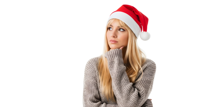 Christmas santa hat girl thinking with thoughtful expression over white background