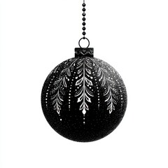 Elegant black ornament with intricate leaf design hanging against a white background during the festive season