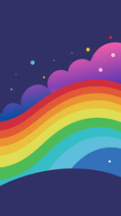 A vector illustration of a colorful rainbow over a night sea with cloudy sky