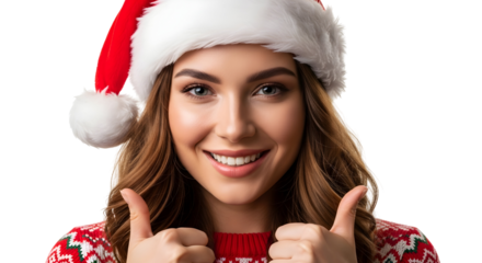 Christmas woman with Santa hat and sweater giving thumbs up sign