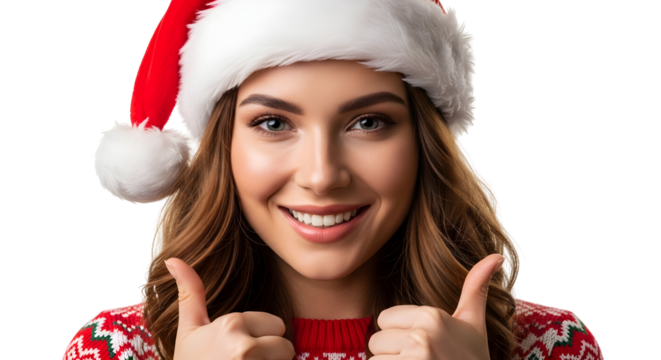 Christmas woman with Santa hat and sweater giving thumbs up sign - Powered by Adobe