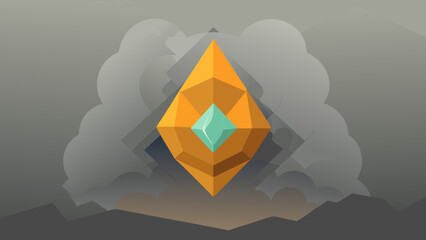 Abstract geometric background with shiny origami paper triangles and faceted crystal heart jewels