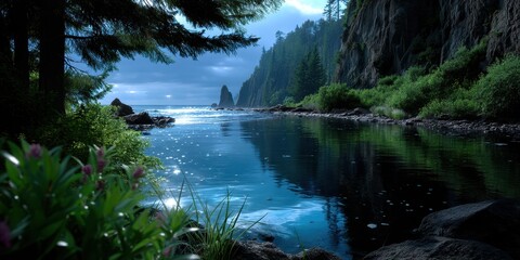 Tranquil river flows alongside coastal cliffs under a dramatic sky at twilight, inviting peaceful reflection