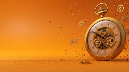 Vintage pocket watch with visible gears and intricate details is set against orange background, creating sense of timeless elegance and mechanical beauty