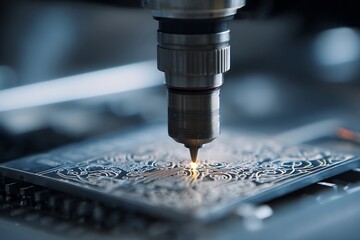 Precision laser engraving machine creating intricate detailed patterns on a metal surface with glowing sparks