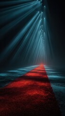 Illuminated pathway with red carpet and blue beams of light in a dark atmosphere