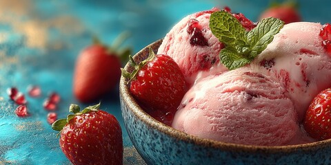 Scoop of strawberry ice cream served in a blue bowl with fresh strawberries on a textured surface
