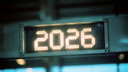 Retro Terminal Display with Bright 2026 Digits in Metallic Frame and Defocused Lights Vintage Travel Background