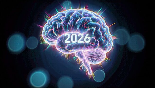 Neon Brain Silhouette with Multicolor Neural Paths and Bold 2026 Numerals on Dark Bokeh Futuristic Tech Background - Powered by Adobe
