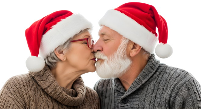 A Loving Elderly Couple in Santa Hats Sharing a Kiss During the Christmas Season