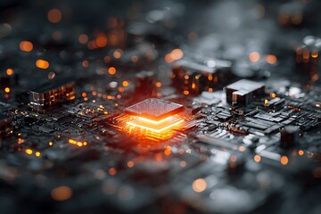 Glowing orange central processing unit on a dark intricate computer motherboard with bokeh lights