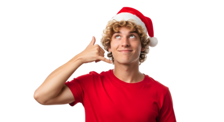 Young Man Wearing a Santa Hat Gestures 'Call Me' with His Hand and a Thoughtful Expression on His Face