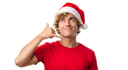 Christmas greeting from a happy young man wearing a Santa hat and a red shirt, making a phone call gesture