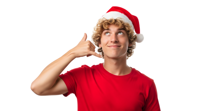 Young Man Wearing a Santa Hat Gestures 'Call Me' with His Hand and a Thoughtful Expression on His Face
