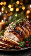 Juicy roasted turkey breast garnished with herbs and festive decorations in a warm setting