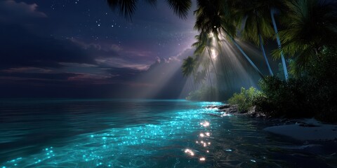 Peaceful beach at night with glowing waters and palm trees under a starry sky