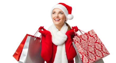 Happy woman in Santa hat with Christmas shopping bags