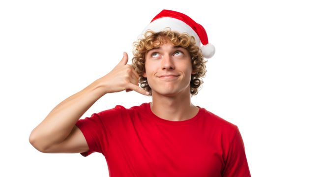 Young man wearing a Santa hat making a phone call gesture with his hand on white background