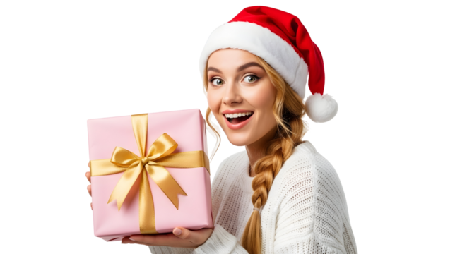 A happy young woman in a Santa hat holding a pink gift box with a gold ribbon, celebrating the holiday season