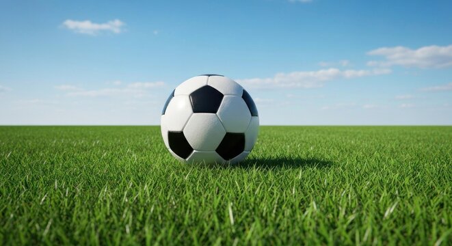 Soccer ball on a grassy field under a clear blue sky
