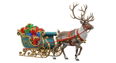 A festive reindeer pulling a sleigh laden with Christmas gifts, ready for holiday deliveries