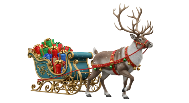 A festive reindeer pulling a sleigh laden with Christmas gifts, ready for holiday deliveries