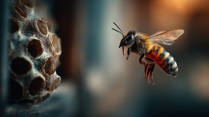 Close-up of a bee hovering near a honeycomb during late afternoon in a vibrant natural setting