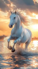 Majestic white horse gallops through shallow waters at sunset creating vibrant splashes and a picturesque backdrop
