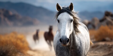 Majestic gray horse stands in focus with other horses in motion against a dramatic landscape in late afternoon light