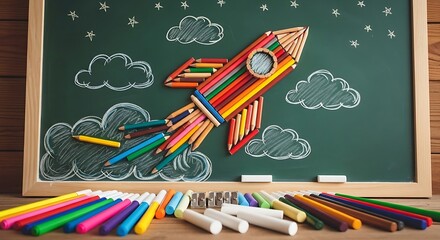 Back to School Colorful Pencil Rocket Launching from Blackboard with Chalk Clouds