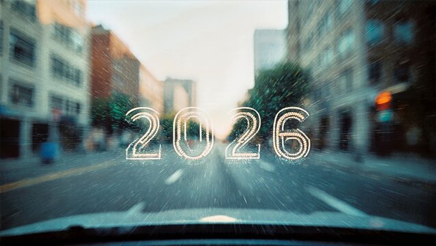 City Street Through Windshield with Glowing 2026 Heads-Up Display and Motion Blur Urban Driving Background